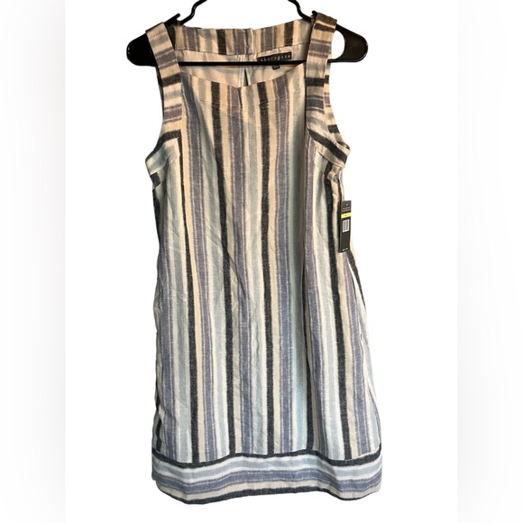 Sharagano Linen Blend Sleeveless Key Hole Back Blue Striped Mini Dress size 4 - Picture 3 of 5